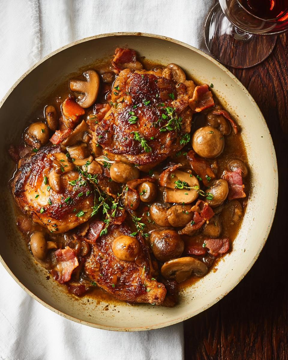 A close-up of tender chicken pieces cooked with mushrooms and bacon in a rich sauce, a perfect example of amazing chicken recipes.