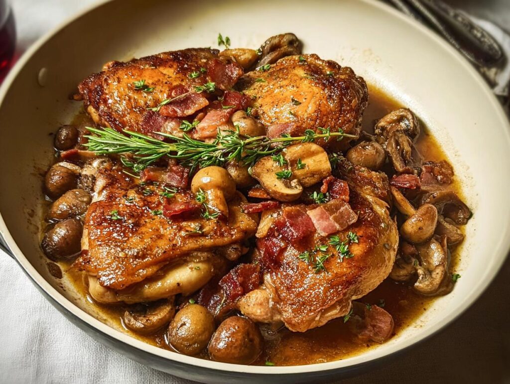 Close-up of savory chicken recipes in a pan with mushrooms, bacon, and herbs.