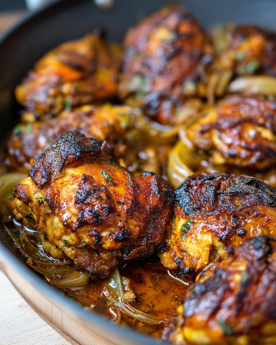 Close-up of pan-seared chicken thighs with crispy skin, nestled in a bed of caramelized onions. Part of the 'The Only Chicken Recipes Recipe You’ll Need' article.