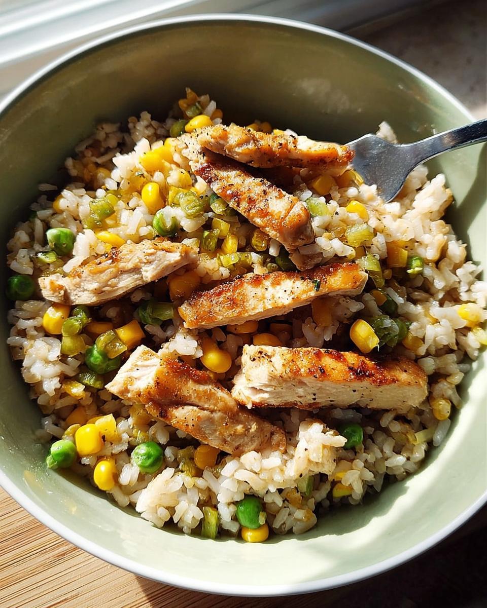 A close-up of a bowl filled with rice, corn, peas, and sliced grilled chicken, a popular rice bowls recipe.