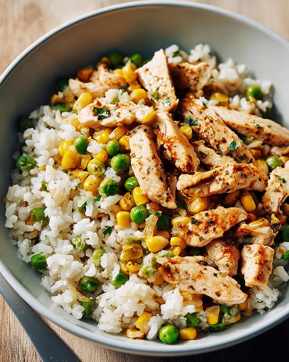 A close-up of a chicken rice bowl with corn, peas, and seasoned chicken pieces.