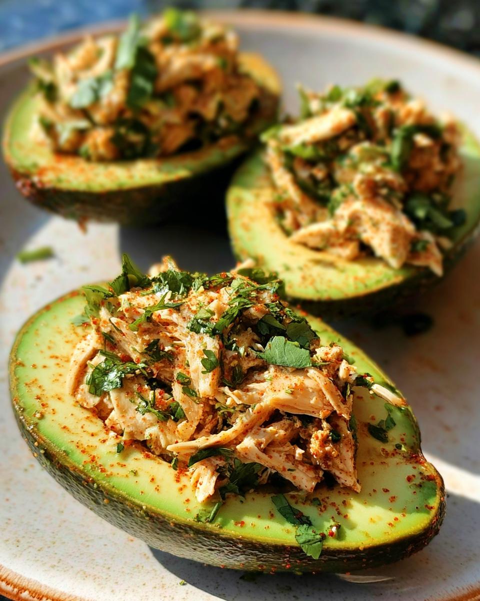 Three halves of avocado stuffed with shredded chicken and herbs, seasoned with paprika. A quick sandwich idea.