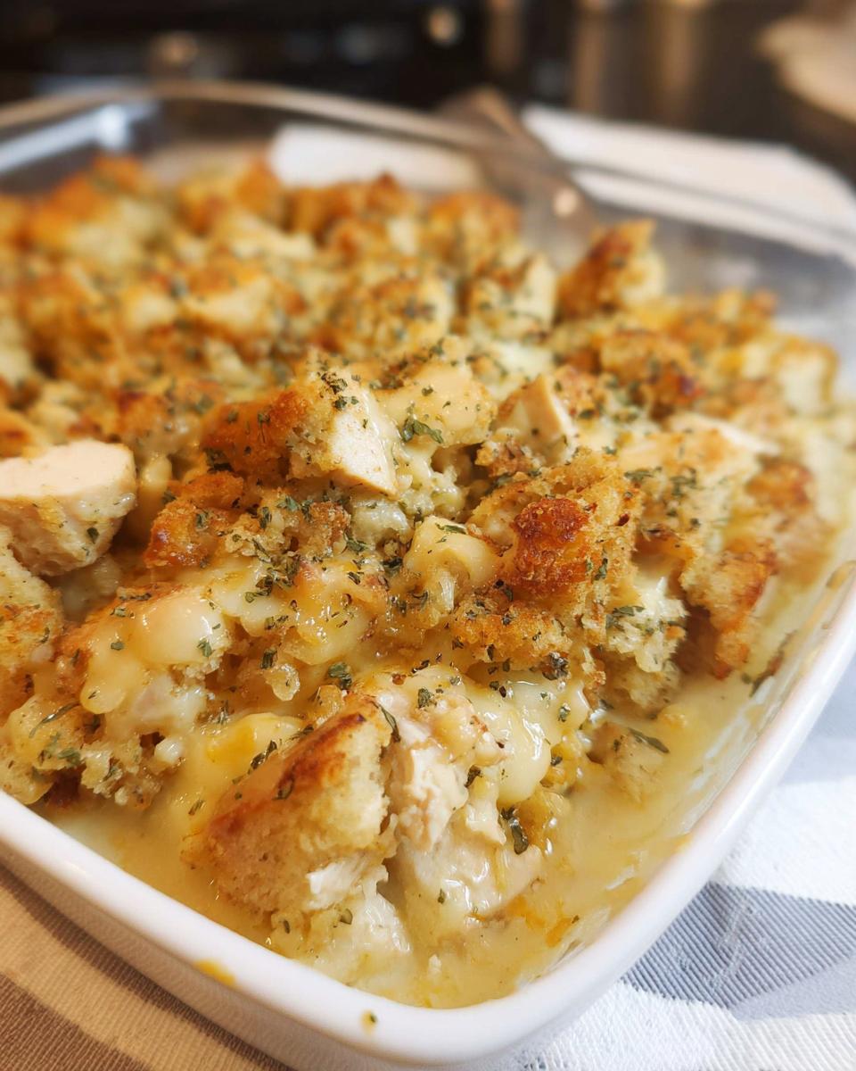 Close-up of a creamy chicken and stuffing casserole with a golden-brown breadcrumb topping.