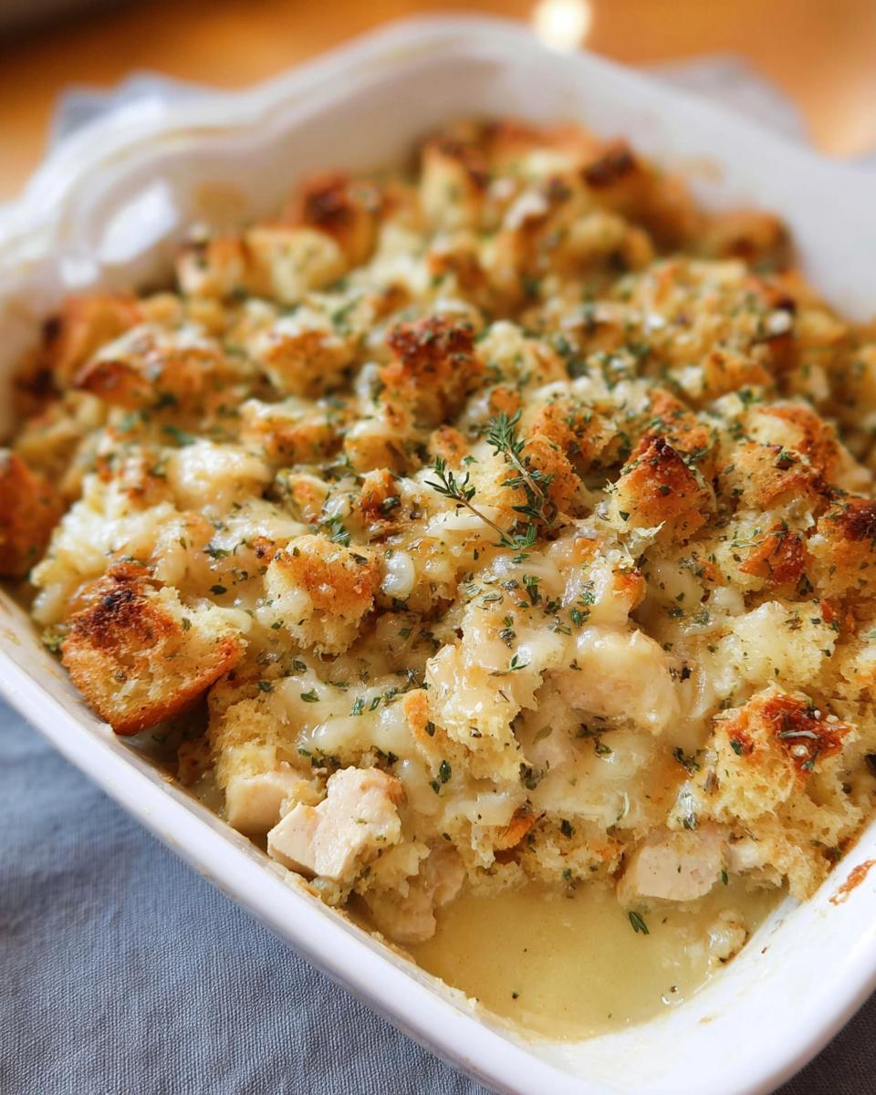 Close-up of a creamy chicken and stuffing casserole, topped with toasted bread cubes and herbs.
