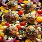A close-up of a sheet pan filled with roasted chicken thighs, cherry tomatoes, olives, zucchini, red onion, and feta cheese.
