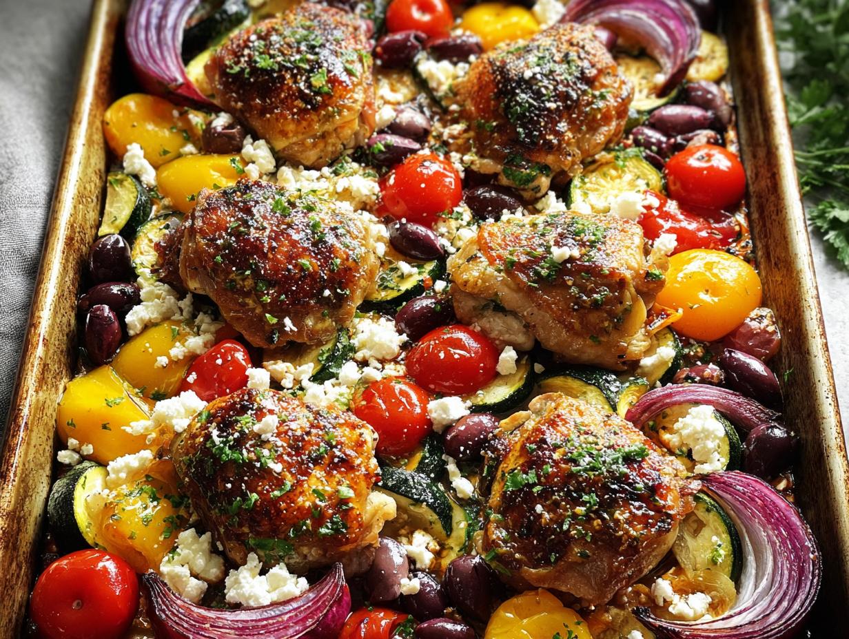 A close-up of a sheet pan filled with roasted chicken thighs, cherry tomatoes, olives, zucchini, red onion, and feta cheese.