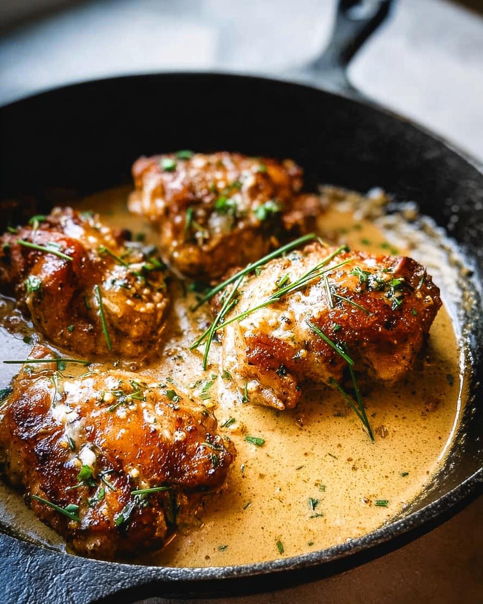 Four perfectly cooked chicken thighs simmering in a rich, creamy sauce with herbs in a cast-iron skillet.