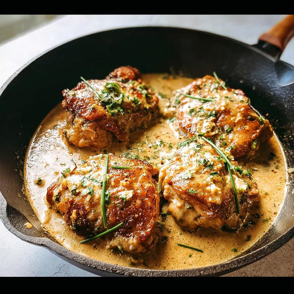 Four perfectly cooked chicken thighs in a rich, creamy sauce, garnished with fresh herbs. A delicious chicken thigh recipe.
