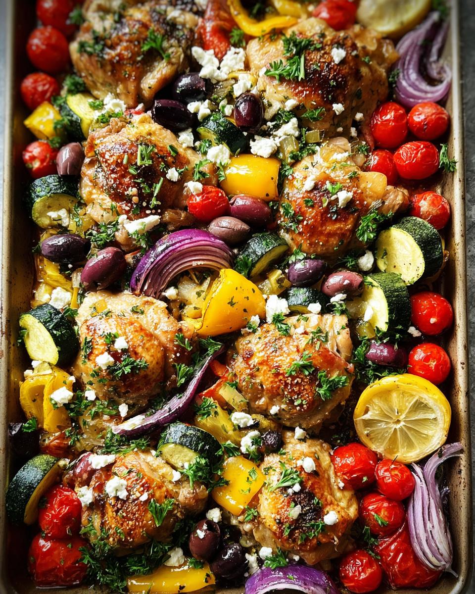 A vibrant sheet pan meal with golden brown chicken thighs, colorful vegetables like zucchini, bell peppers, tomatoes, red onion, olives, and feta cheese.