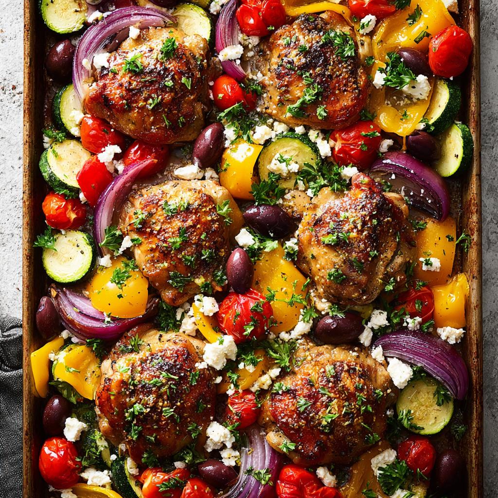 Overhead view of a sheet pan filled with roasted chicken thighs, zucchini, cherry tomatoes, bell peppers, red onion, olives, and feta cheese.