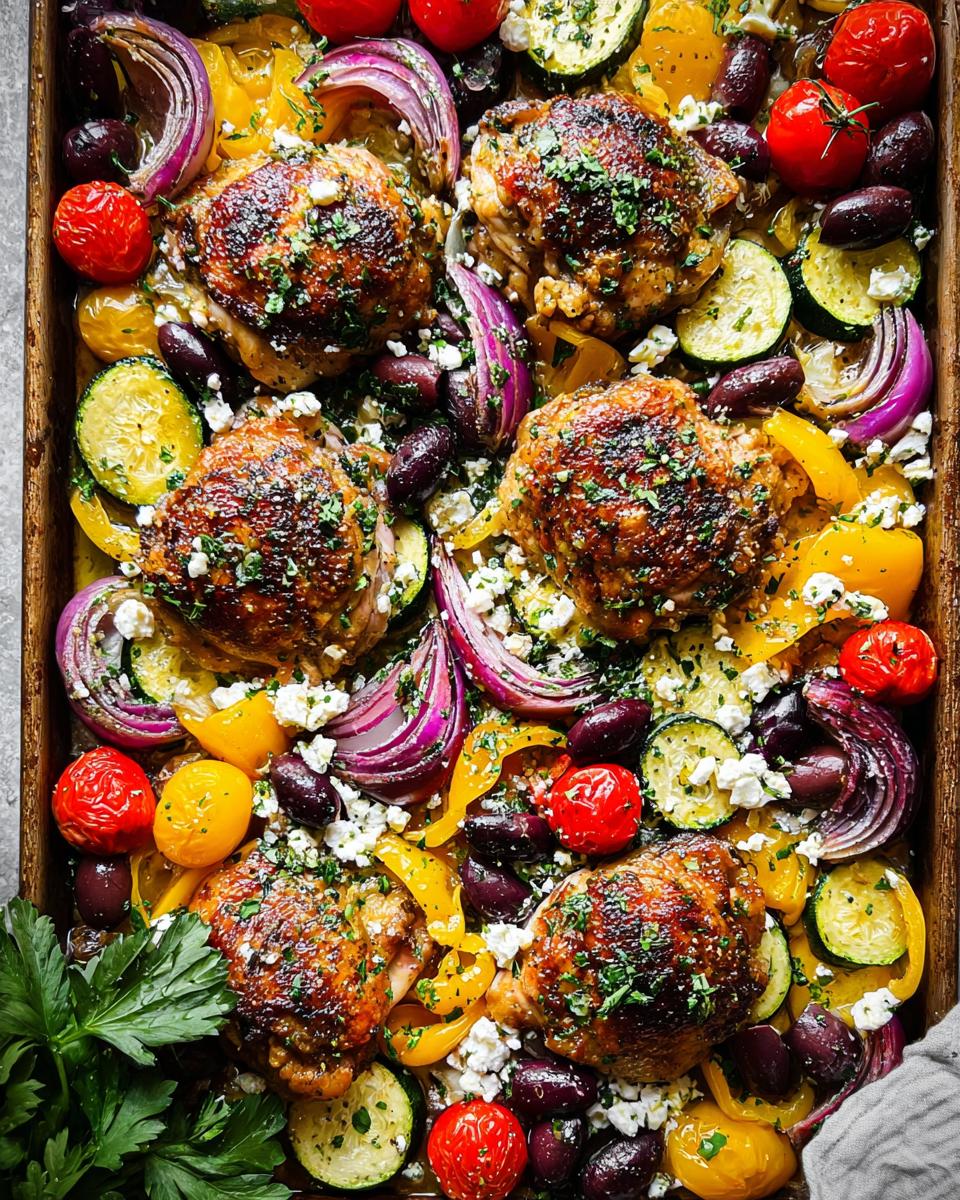 Overhead view of a sheet pan filled with roasted chicken thighs, zucchini, red onion, bell peppers, cherry tomatoes, and olives, sprinkled with feta cheese.
