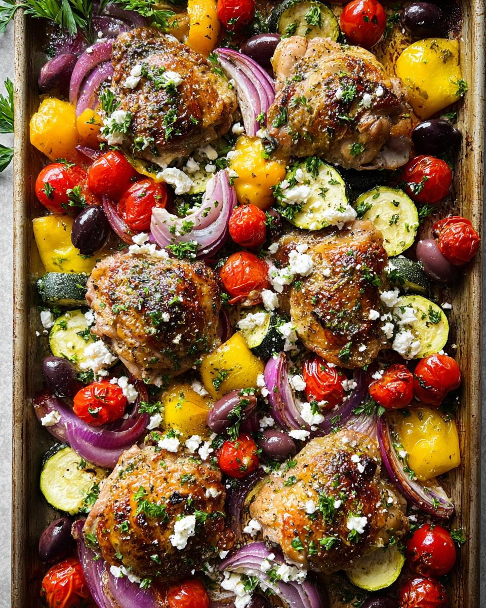 Overhead view of a sheet pan filled with roasted chicken thighs, cherry tomatoes, zucchini, red onion, yellow bell pepper, olives, and feta cheese.