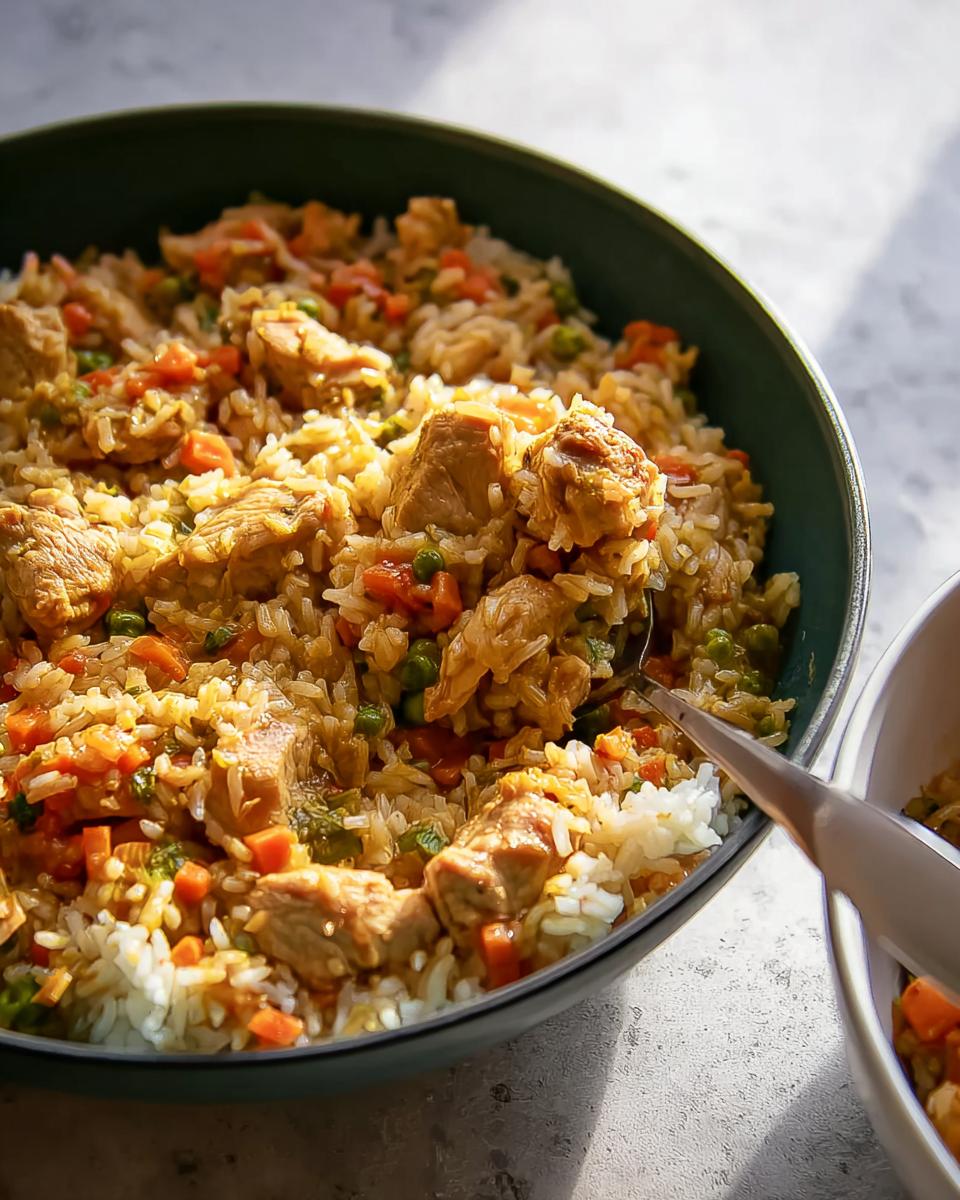 A close-up of a delicious chicken and vegetable rice bowl, featuring tender chicken pieces, rice, peas, and carrots.