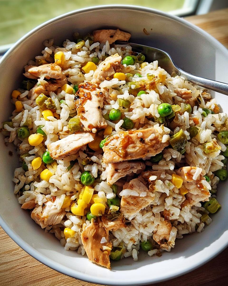 A close-up of a chicken and vegetable rice bowl, featuring rice, peas, corn, and grilled chicken pieces.