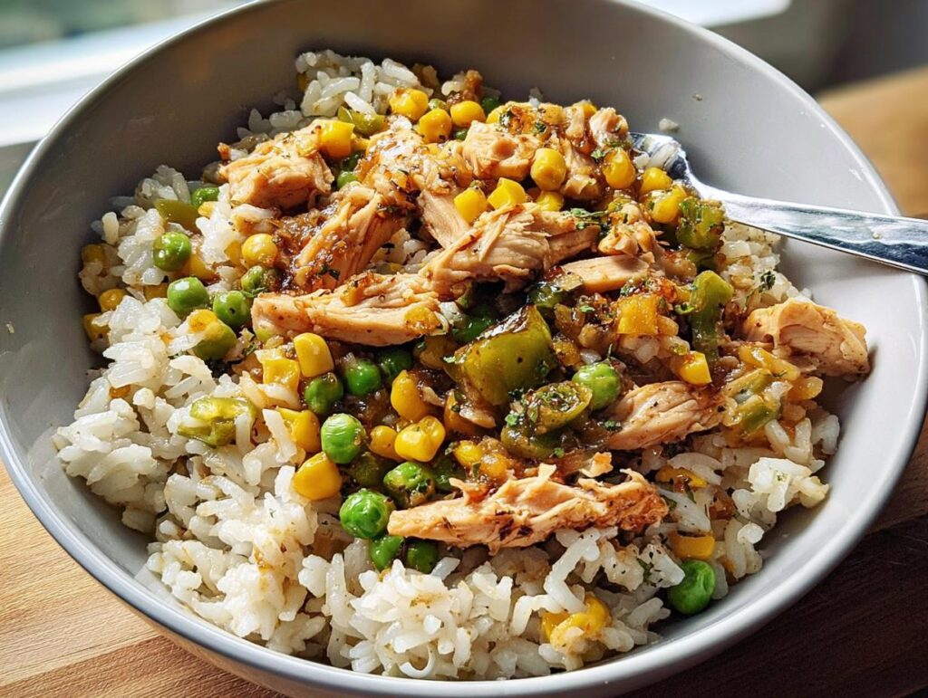 A close-up of a bowl filled with rice, topped with shredded chicken, corn, peas, and green peppers.