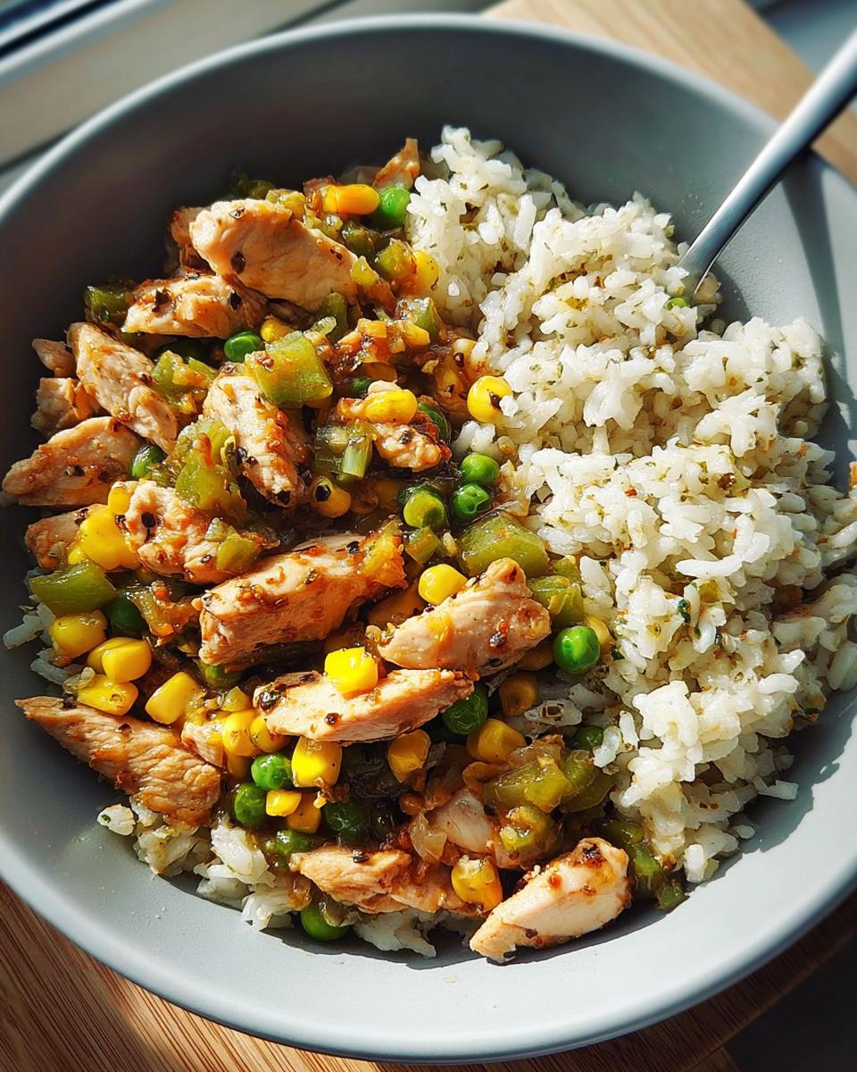 A close-up of a delicious chicken and vegetable rice bowls recipe, featuring seasoned rice topped with sliced chicken, corn, peas, and green peppers.