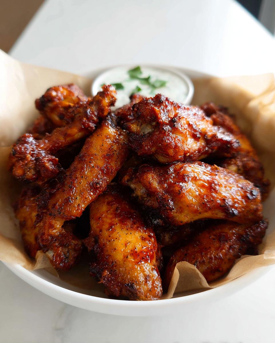 A bowl of delicious, crispy chicken wings in 20 minutes, served with a side of dipping sauce.