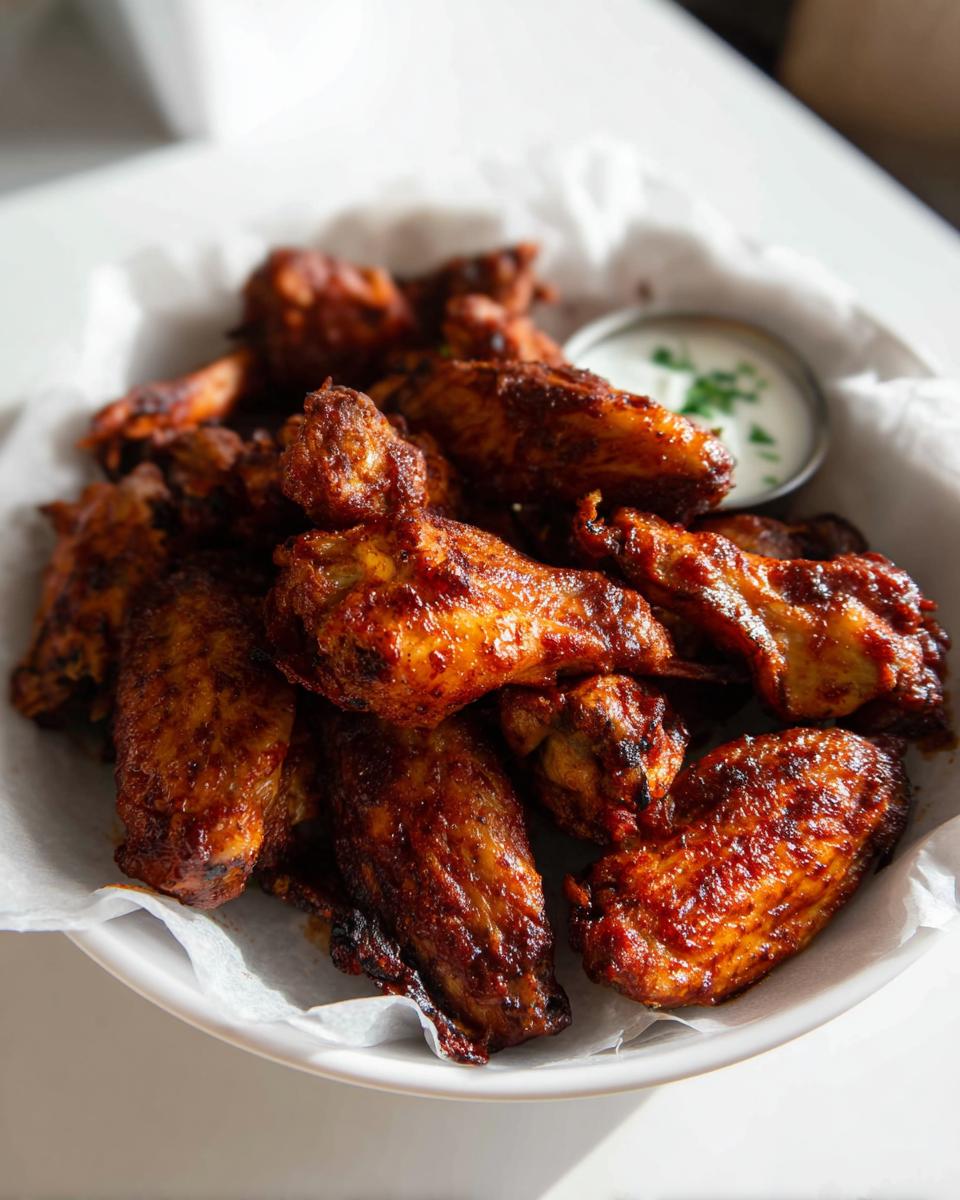 A bowl of perfectly cooked, crispy chicken wings with a side of dipping sauce, ready to be enjoyed.