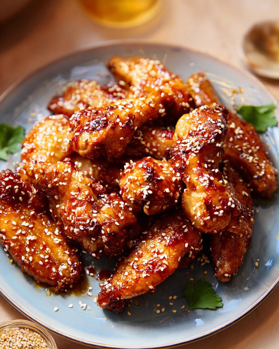 A plate full of glazed chicken wings with sesame seeds, perfect for chicken wings recipes meal prep.