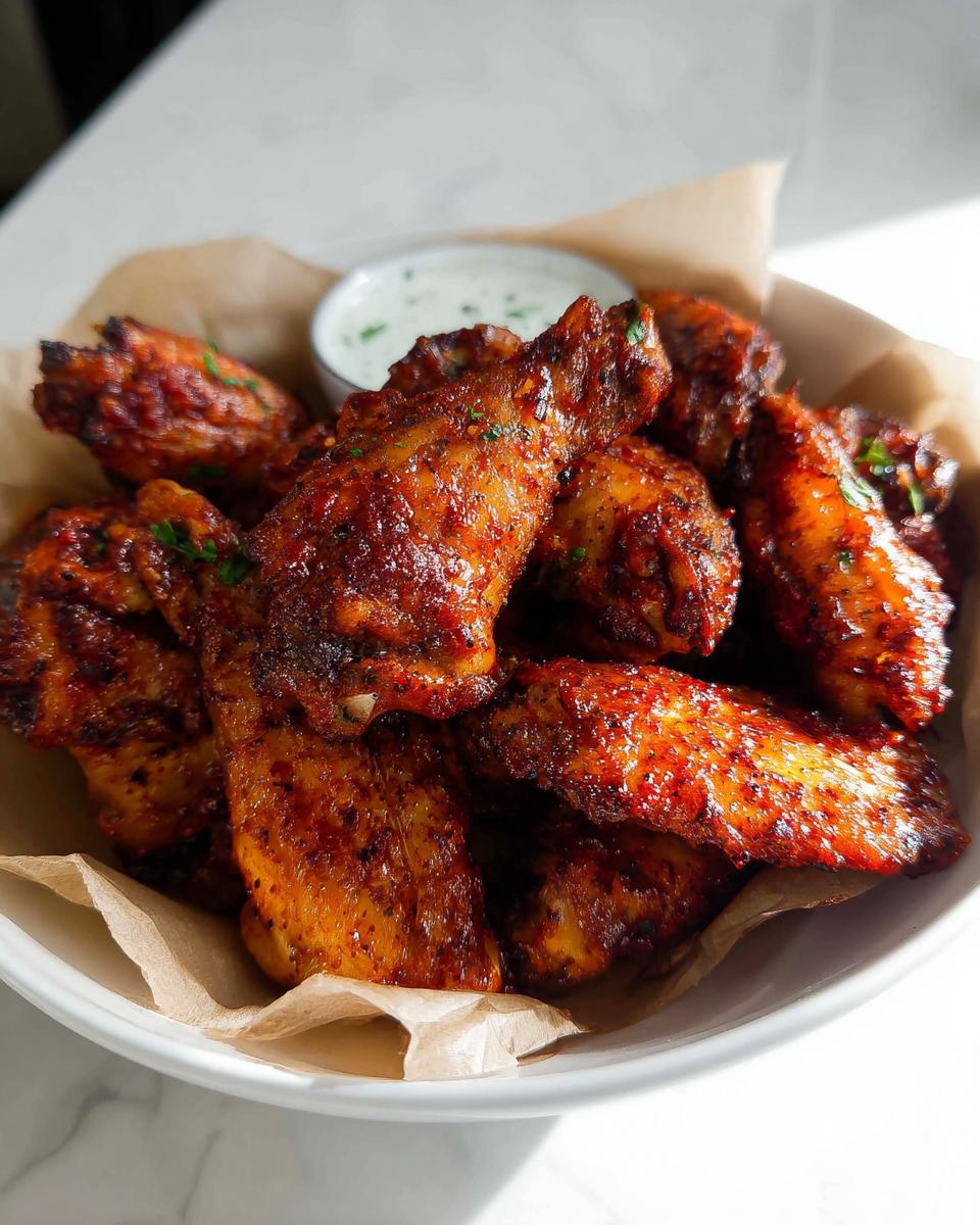 A bowl of perfectly cooked, crispy chicken wings with a side of dipping sauce, perfect for quick chicken wings recipes.