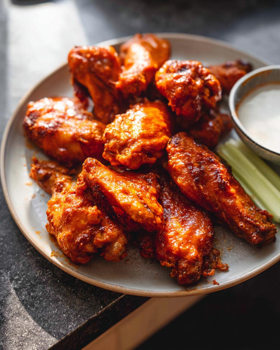 A plate of appetizing chicken wings with a side of dipping sauce and celery sticks.