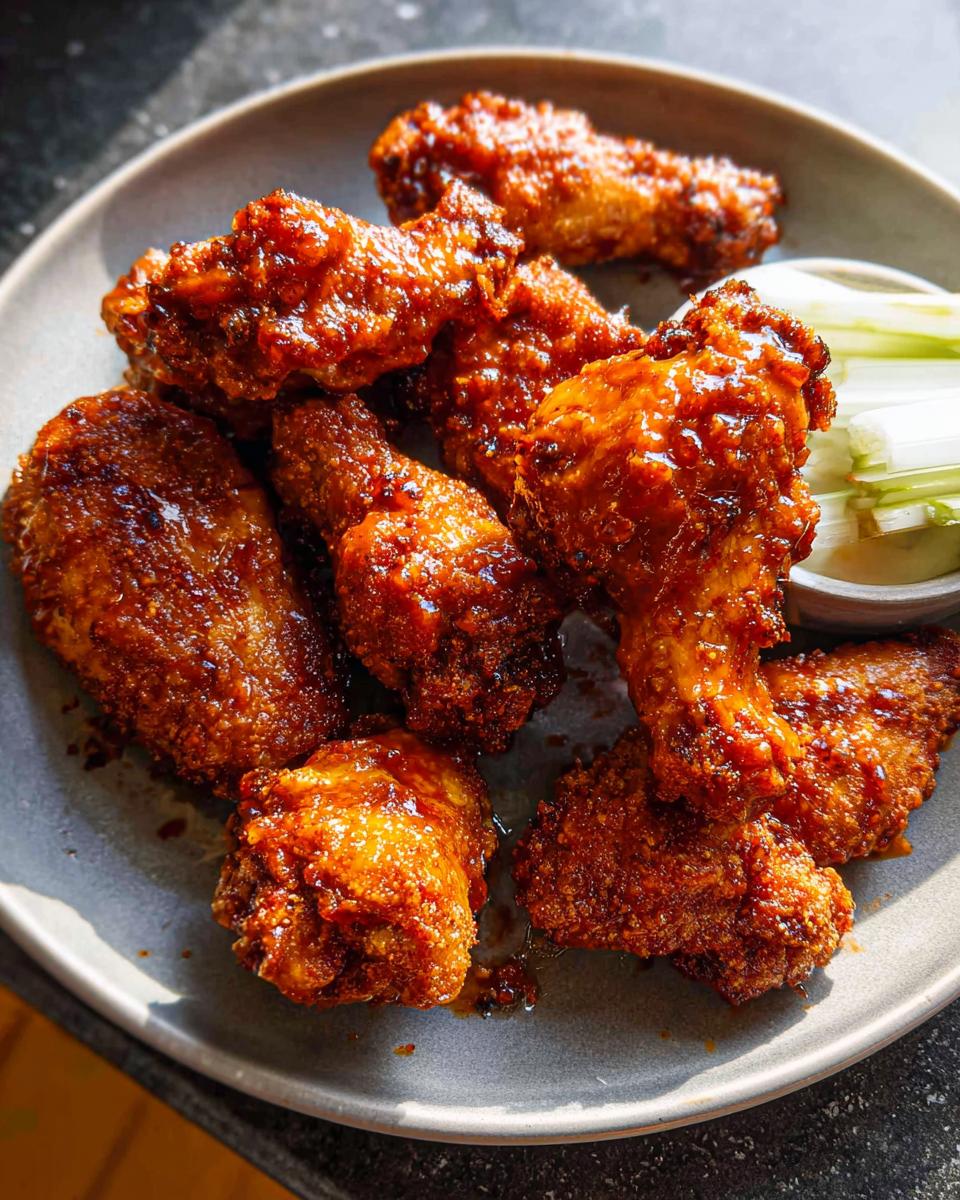 A plate of glistening, glazed chicken wings, a popular chicken wings recipe, served with celery sticks.