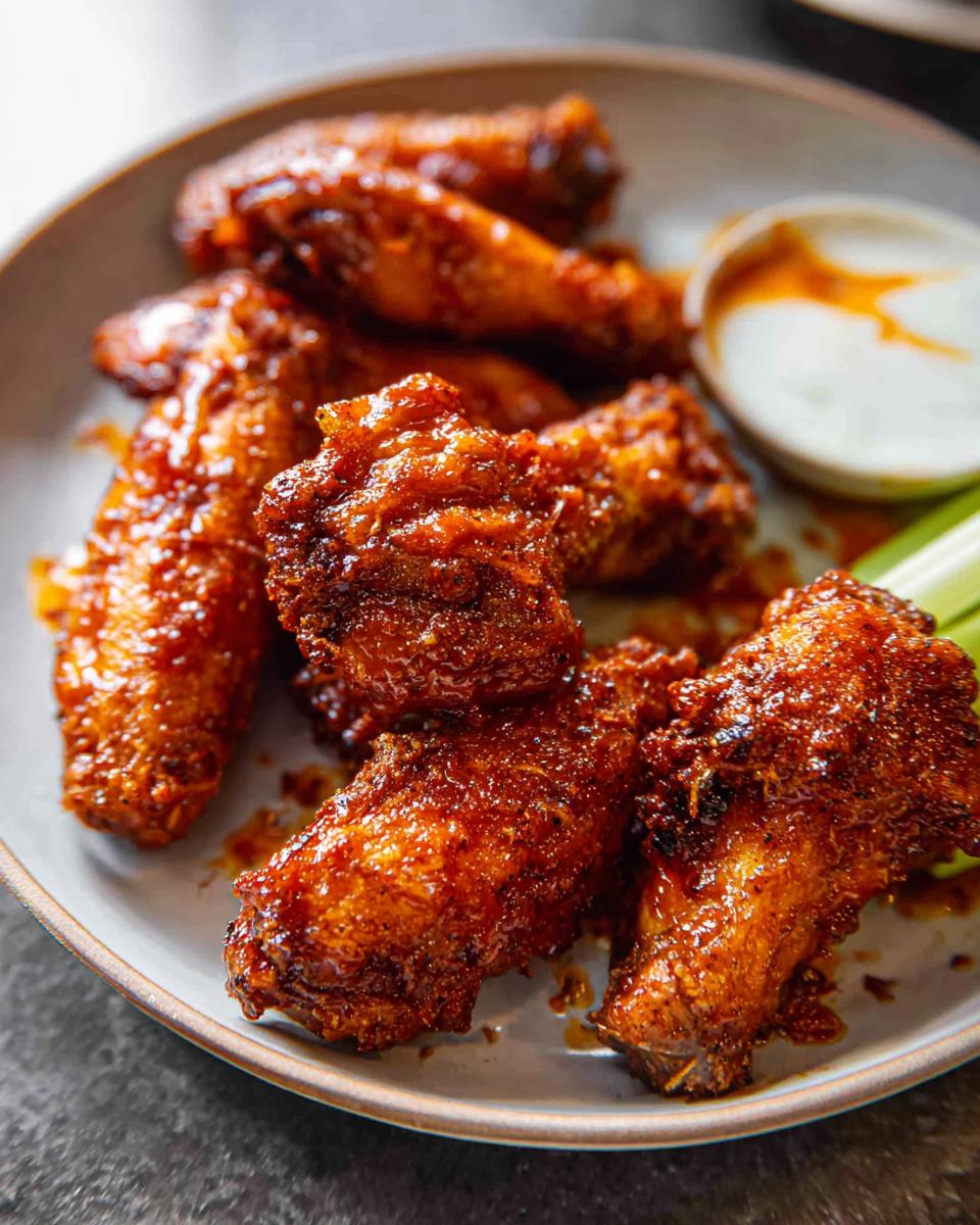 A plate of glossy, saucy chicken wings served with a side of dip and celery sticks.
