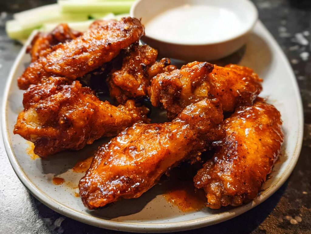 A plate of glossy, saucy chicken wings served with celery sticks and a bowl of dipping sauce.