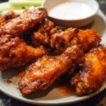 A plate of glossy, saucy chicken wings served with celery sticks and a bowl of dipping sauce.