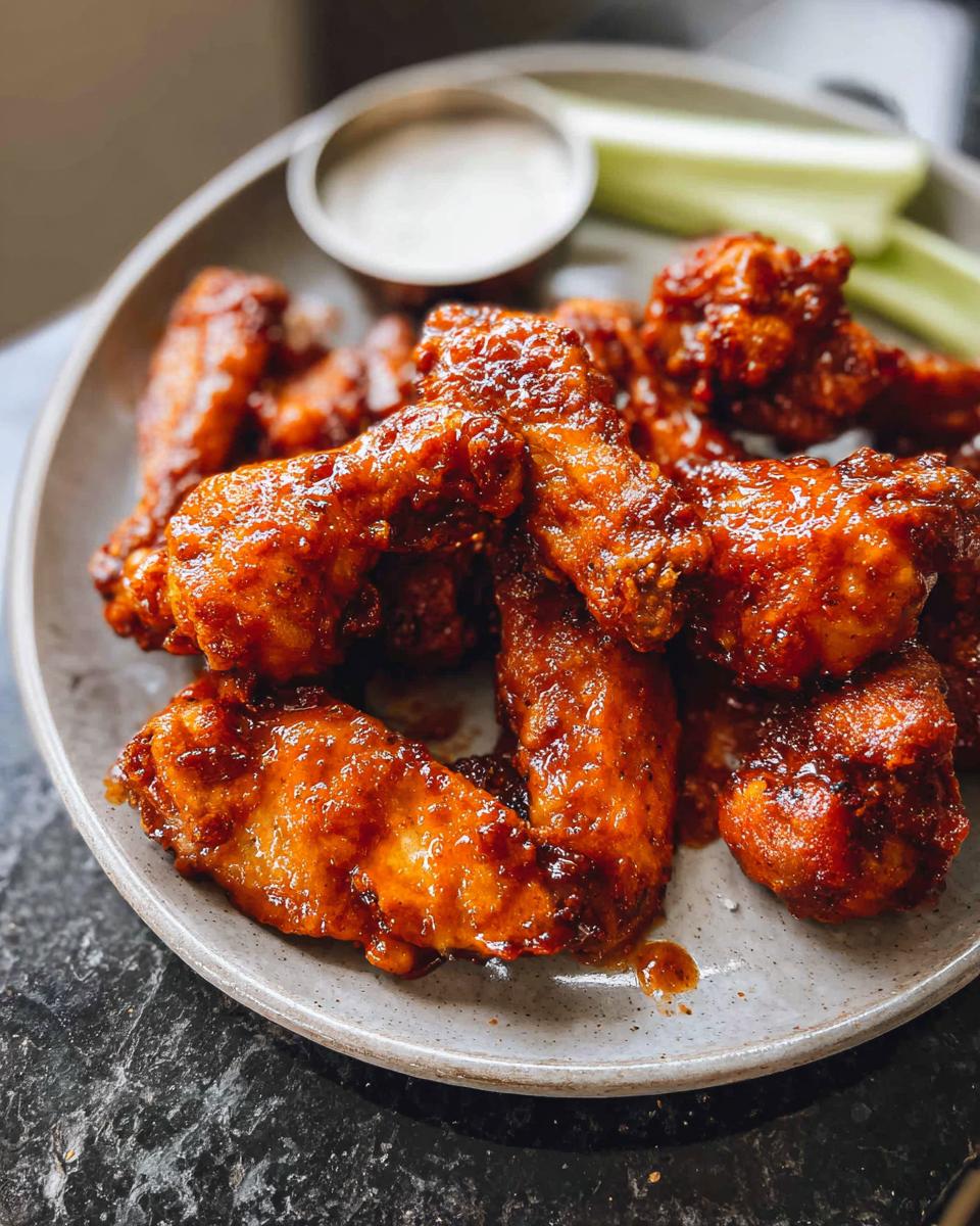 A plate of glossy, saucy chicken wings served with celery sticks and a side of ranch dip.