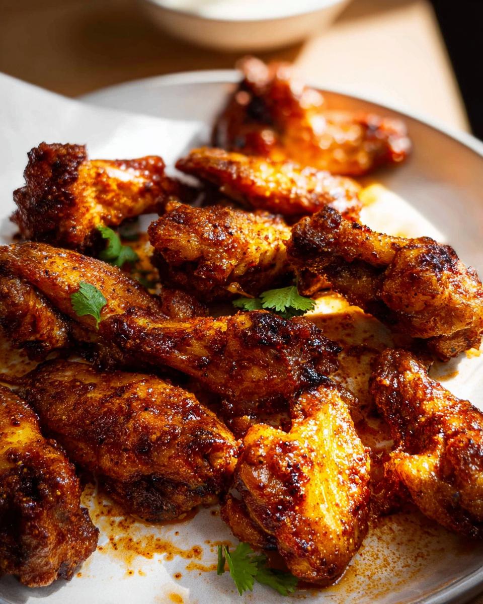 A close-up of a plate full of delicious, crispy, and spicy chicken wings, garnished with fresh cilantro.