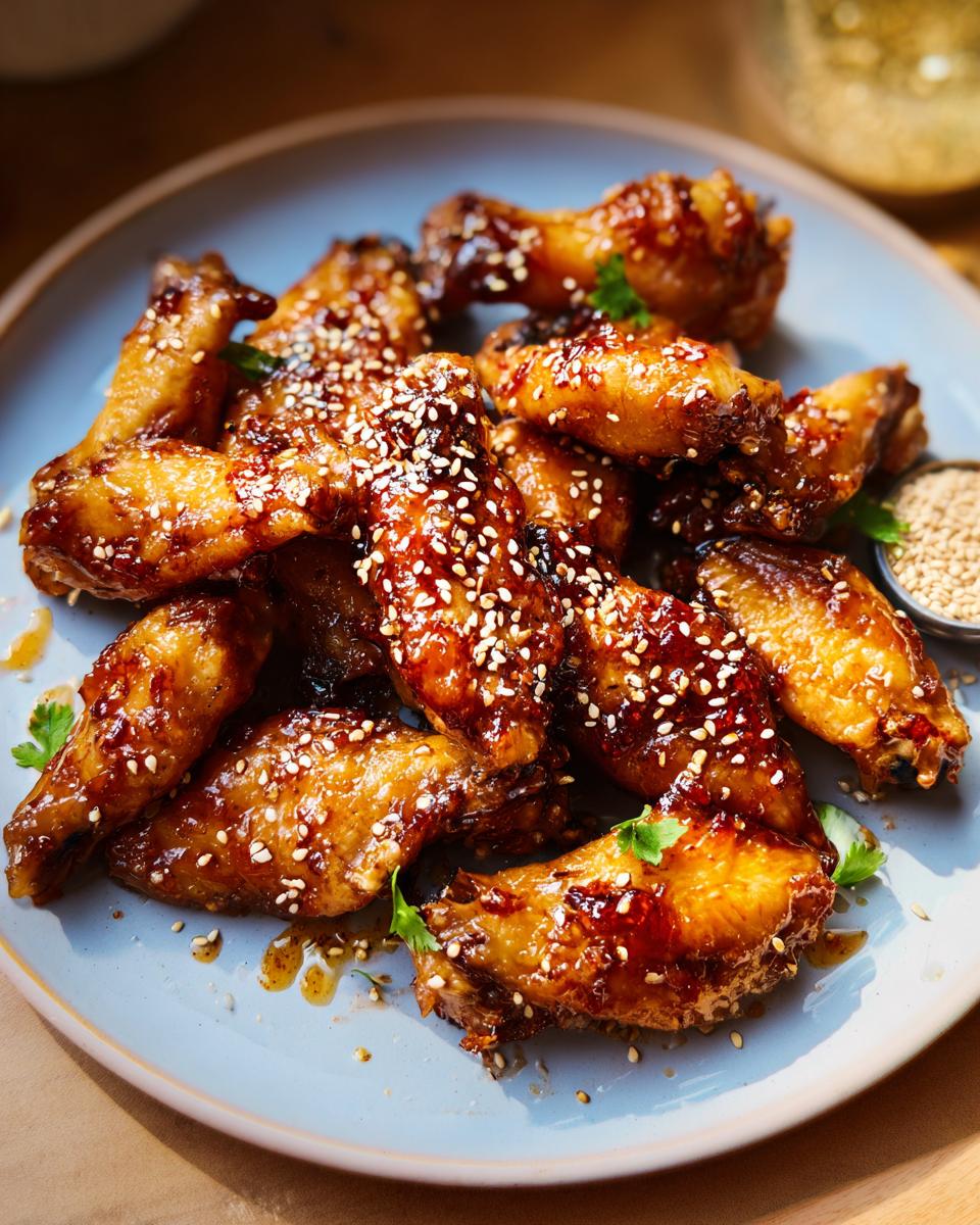A close-up of a plate piled high with glossy, glazed chicken wings, sprinkled with sesame seeds and garnished with parsley. These are perfect for Chicken Wings Recipes Meal Prep.