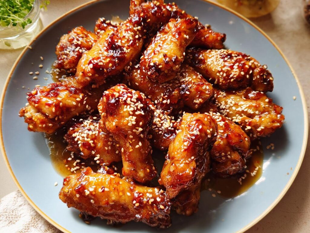 A plate of glossy, glazed chicken wings with sesame seeds, perfect for chicken wings recipes meal prep.