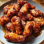A plate of glossy, glazed chicken wings with sesame seeds, perfect for chicken wings recipes meal prep.