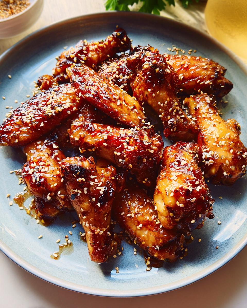 A plate of glossy, glazed chicken wings, sprinkled with sesame seeds, perfect for chicken wings recipes meal prep.