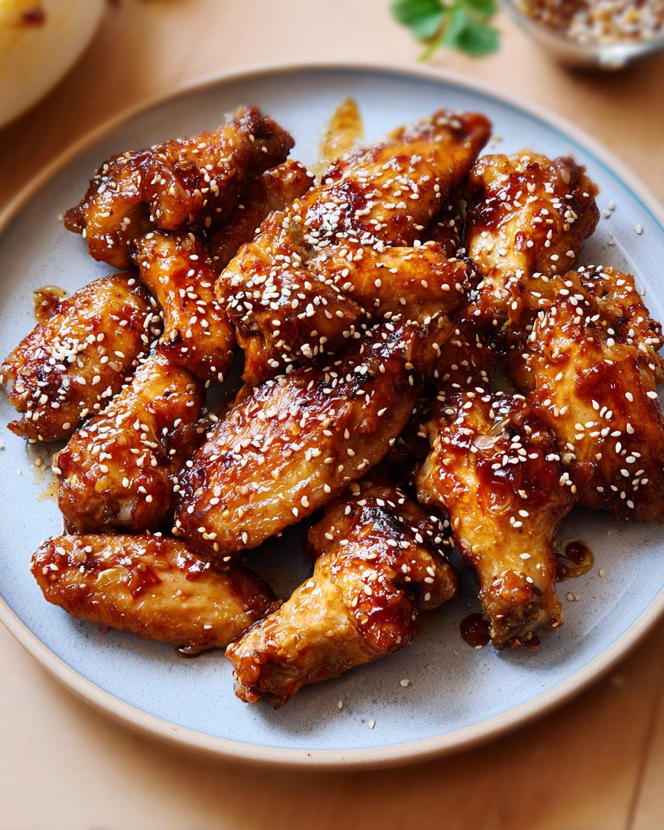 A plate full of glossy, glazed chicken wings, sprinkled with sesame seeds, perfect for chicken wings recipes meal prep.