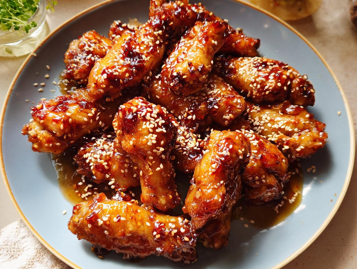 A plate of glossy, glazed chicken wings with sesame seeds, perfect for chicken wings recipes meal prep.