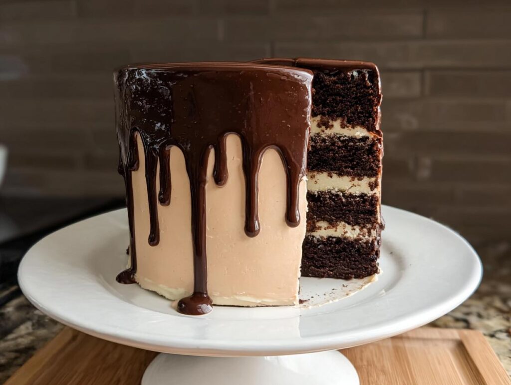 A slice of rich chocolate cake with creamy frosting and chocolate ganache drip, showcasing layers of cake and filling.