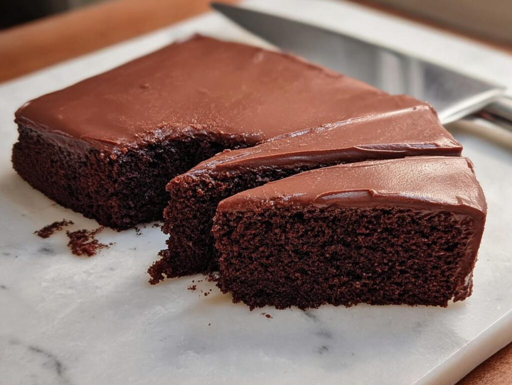 A decadent chocolate cake with rich chocolate frosting, sliced and ready to serve. A beloved cake idea.