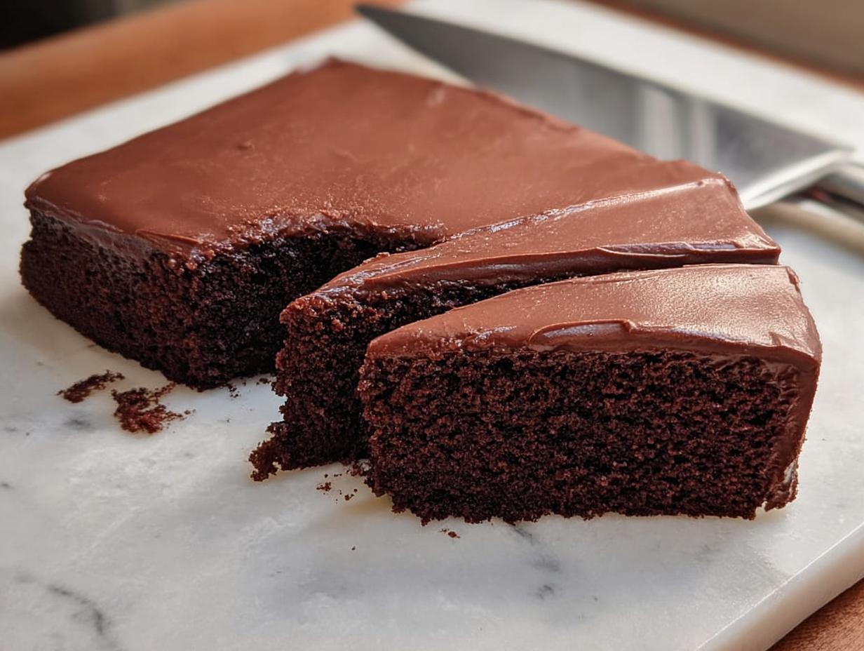 A decadent chocolate cake with rich chocolate frosting, sliced and ready to serve. A beloved cake idea.