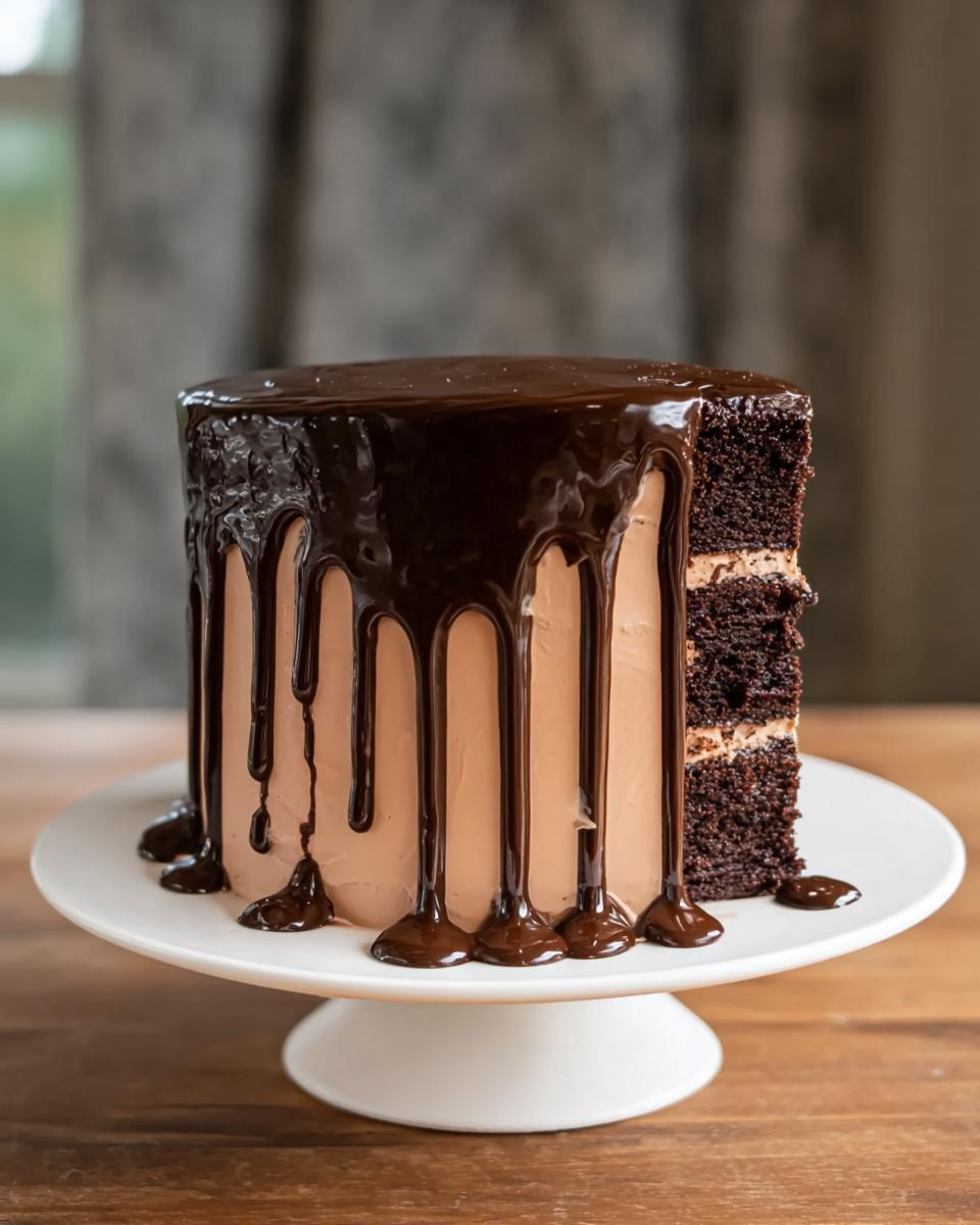 A slice of rich chocolate cake with chocolate frosting and ganache drip, showcasing layers of cake and frosting.