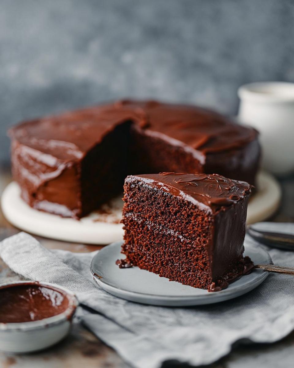 A moist slice of rich chocolate cake with glossy chocolate frosting, part of 7-Ingredient Cake Ideas.