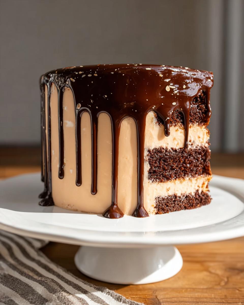 A slice of chocolate cake with caramel frosting and chocolate ganache drip, a perfect cake idea recipe.