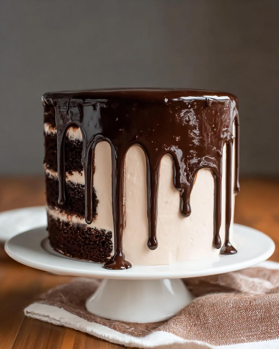 A decadent chocolate cake with creamy frosting and rich chocolate ganache dripping down the sides.