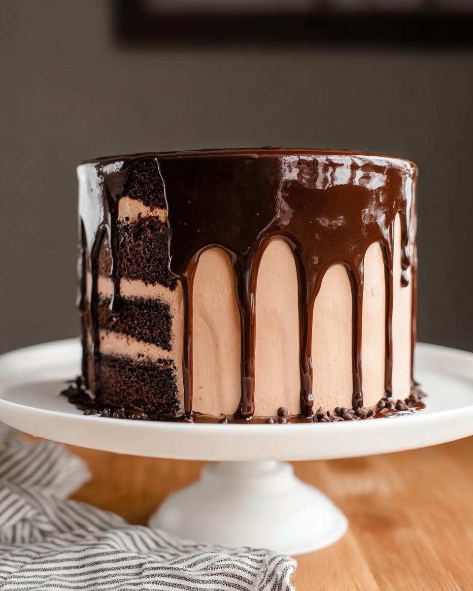 A decadent chocolate cake with layers of chocolate cake and mocha frosting, topped with chocolate ganache drips and mini chocolate chips.