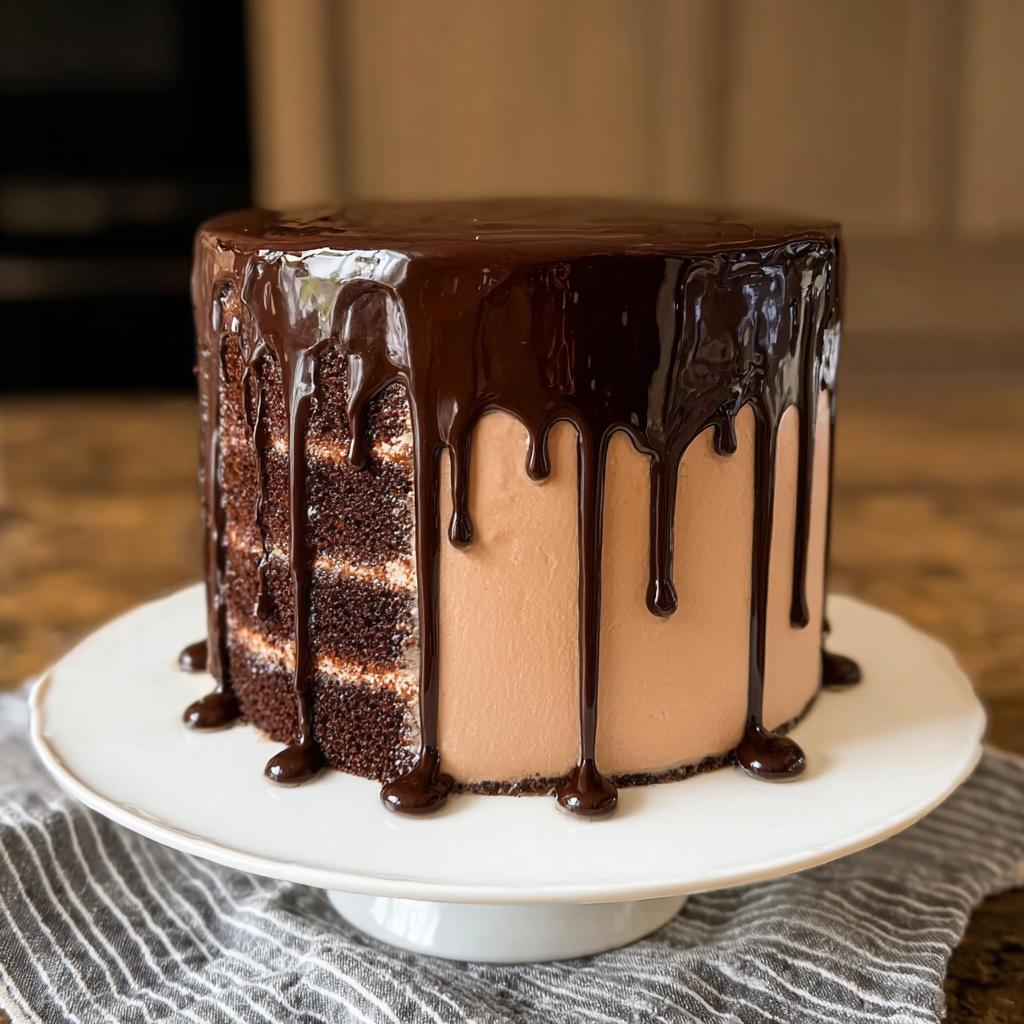 A decadent chocolate drip cake with layers of chocolate cake and frosting, topped with rich chocolate ganache.