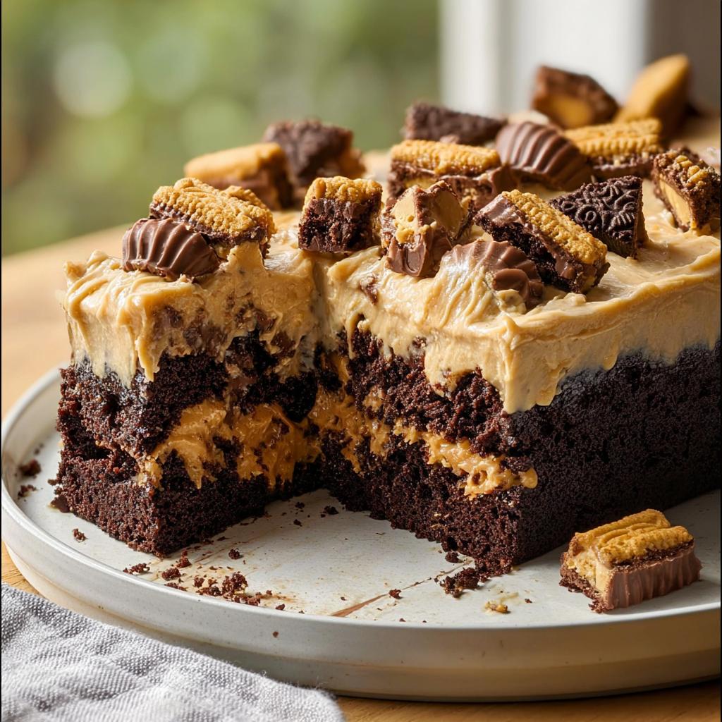 A rich chocolate cake with peanut butter frosting and candy toppings, perfect for quick cake ideas recipes.