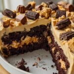 A rich chocolate cake with peanut butter frosting and candy toppings, a slice removed.