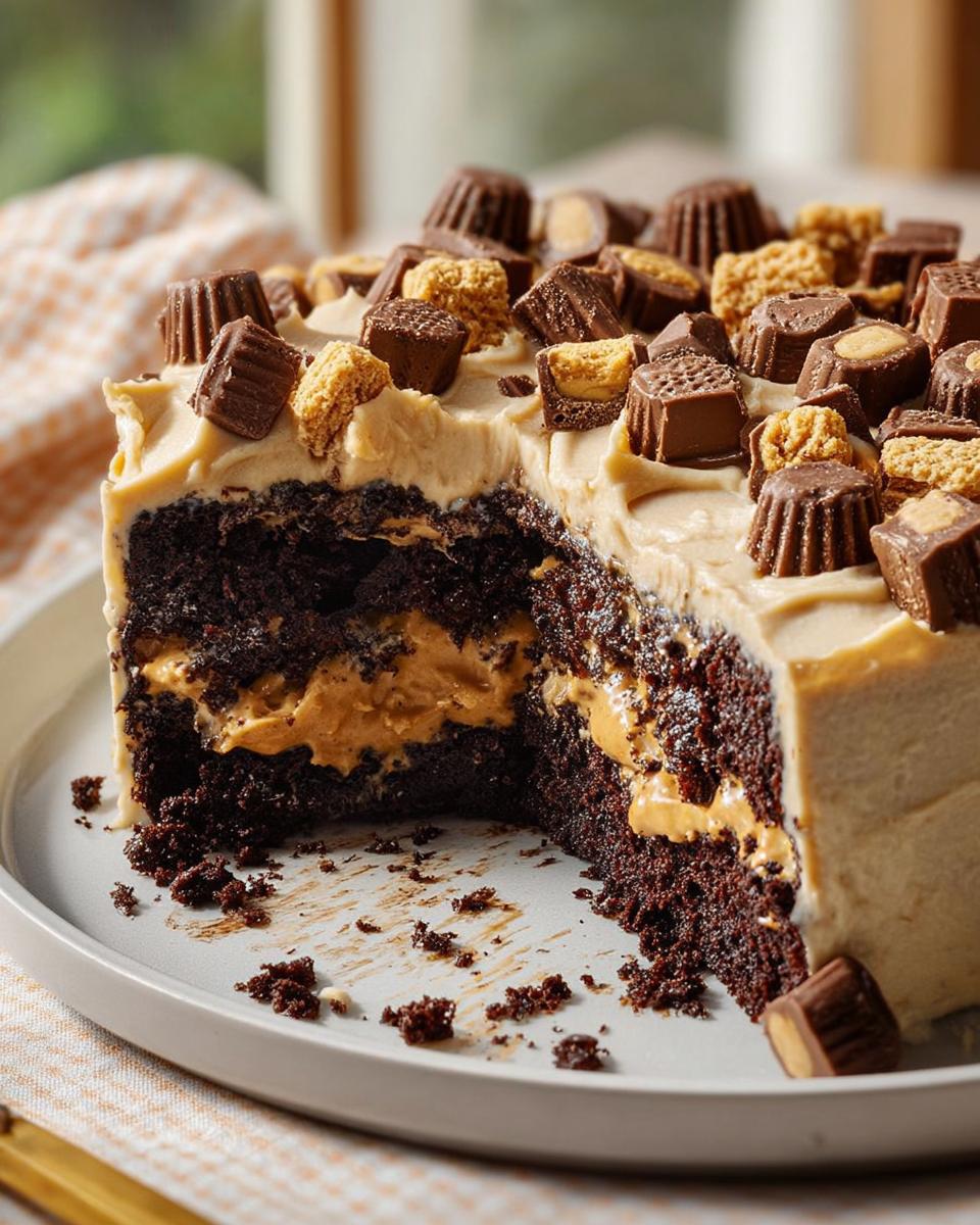 A decadent chocolate cake with peanut butter frosting, filled with peanut butter and topped with peanut butter cups.