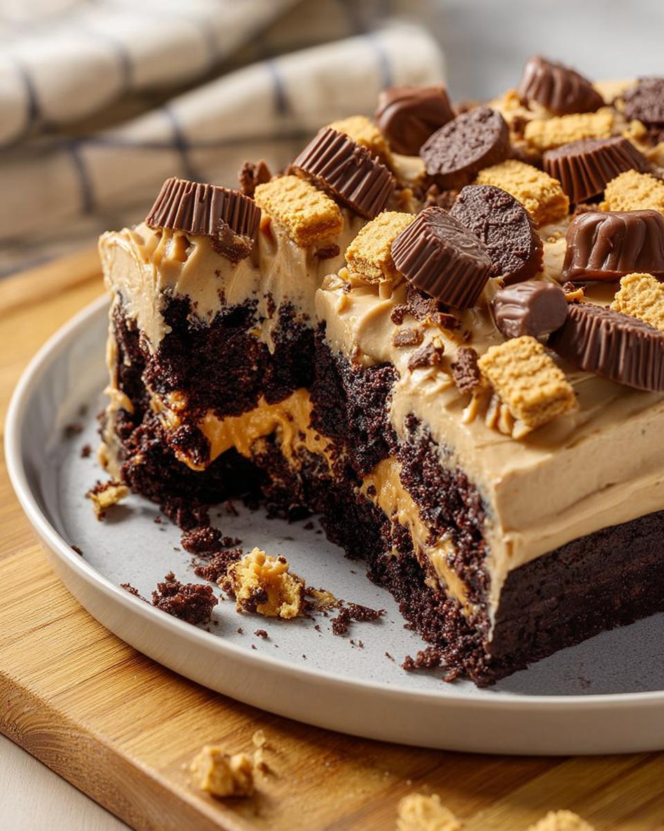 A decadent chocolate cake with peanut butter frosting, topped with Reese's cups and cookies. A slice is cut, revealing layers of cake and filling.